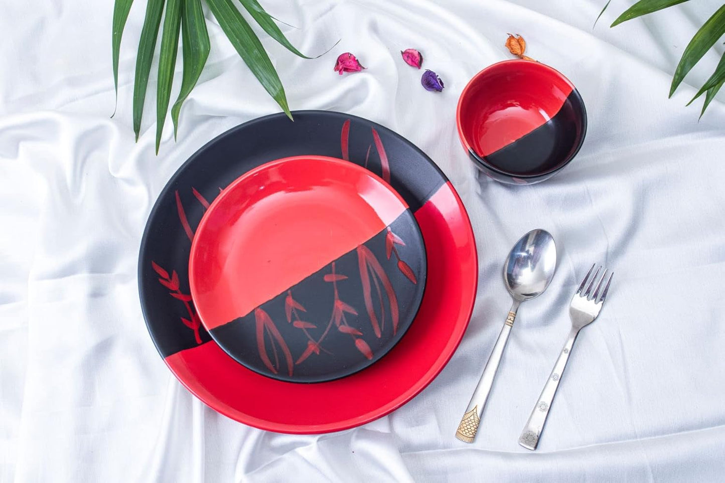 Caffeine Premium Ceramic Handmade Black & Red Combo Dinner Set (3 pcs)