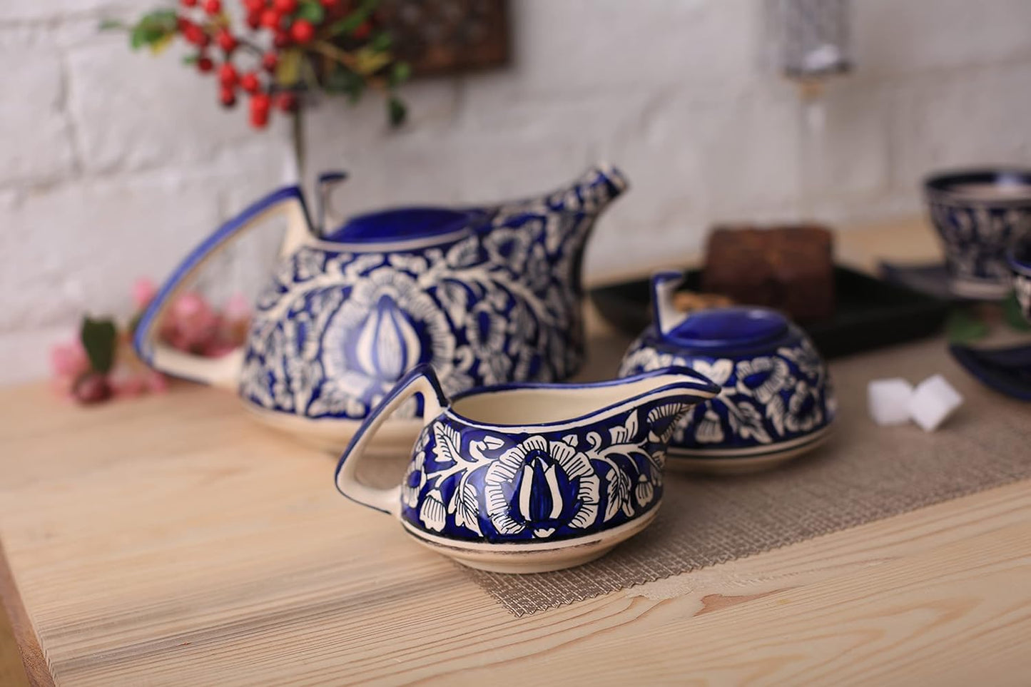 Caffeine Ceramic Handmade Stoneware Blue Mughal Tea Set of 15 - Caffeine Premium Stoneware