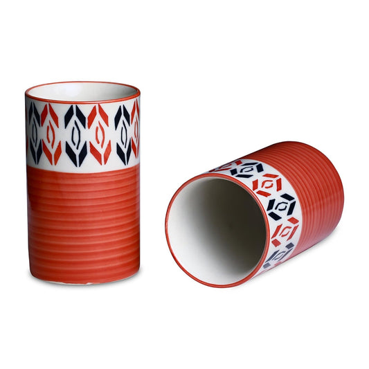 Caffeine Ceramic Stoneware Handmade Orange Arrow Pattern Water Glass (300ml) Set of 2 - Caffeine Premium Stoneware