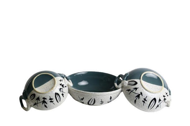 Caffeine Ceramic Handmade Stoneware Green & White Bamboo Serving Kadhai (Set of 3 Microwave & Dishwasher Safe) - Caffeine Premium Stoneware