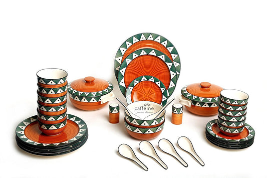 Caffeine Ceramic Handmade Green and Orange Dinner Set (37 pcs) - Caffeine Premium Stoneware