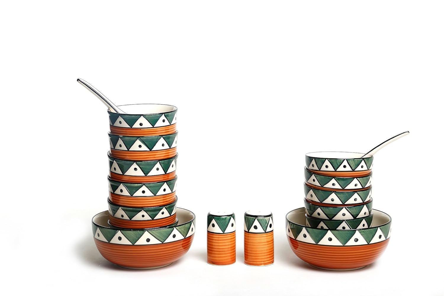 Caffeine Ceramic Handmade Green and Orange Dinner Set (37 pcs) - Caffeine Premium Stoneware