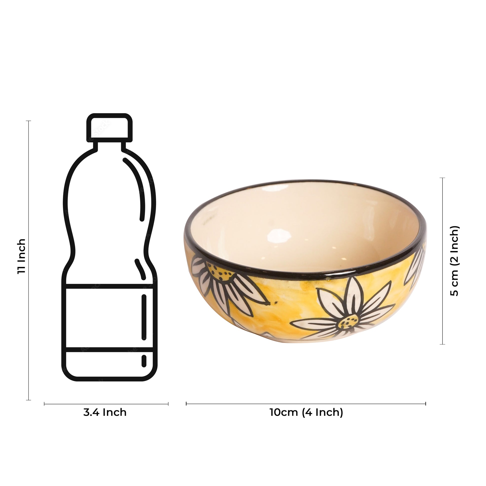 Caffeine Ceramic Handmade Californian Sunflower Printed Katori Bowl (200 ML, Set of 2) - Caffeine Premium Stoneware
