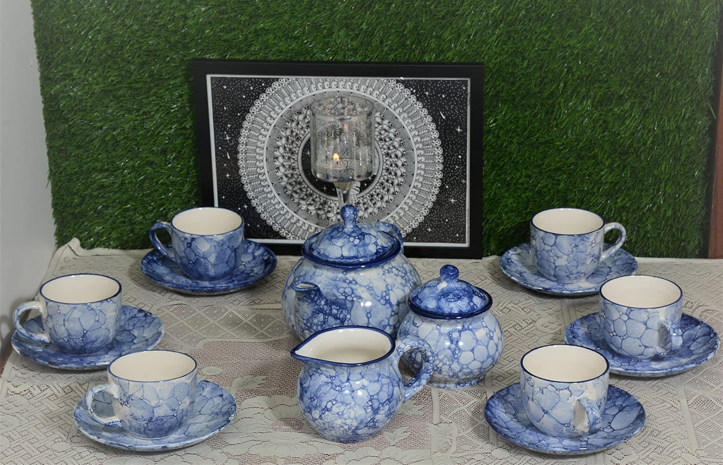 Caffeine Ceramic Handmade Stoneware Blue & White Tea Set of 15 - Caffeine Premium Stoneware