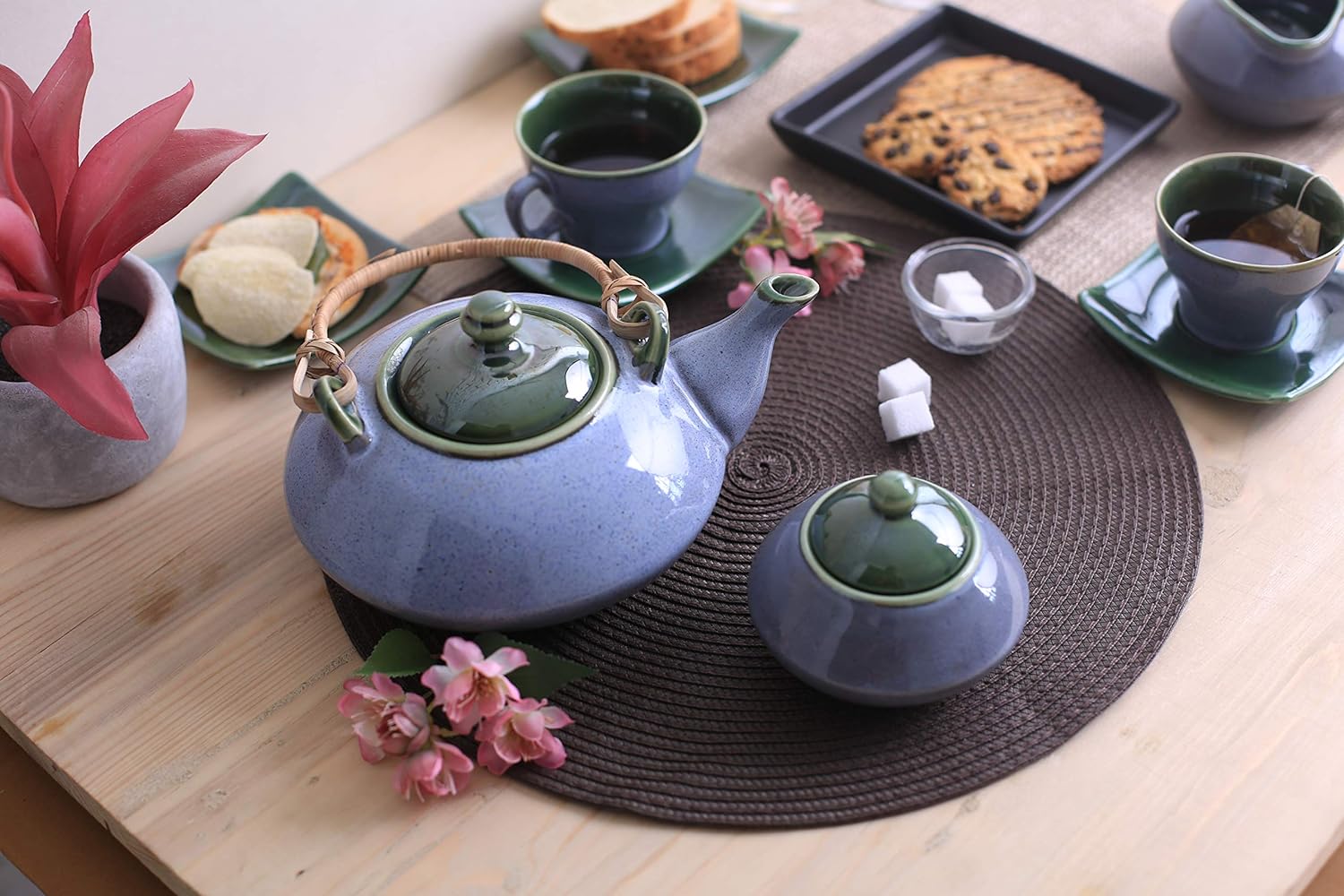 Caffeine Ceramic Handmade Stoneware Blue and Green Ferrous Studio Tea Set of 15 - Caffeine Premium Stoneware