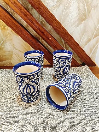 Caffeine Ceramic Handmade Blue Mughal Water Glass (Set of 4) - Caffeine Premium Stoneware