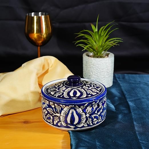 Caffeine Ceramic Handmade Blue Mughal Serving Donga Casserole with lid (Set of 1, Medium )