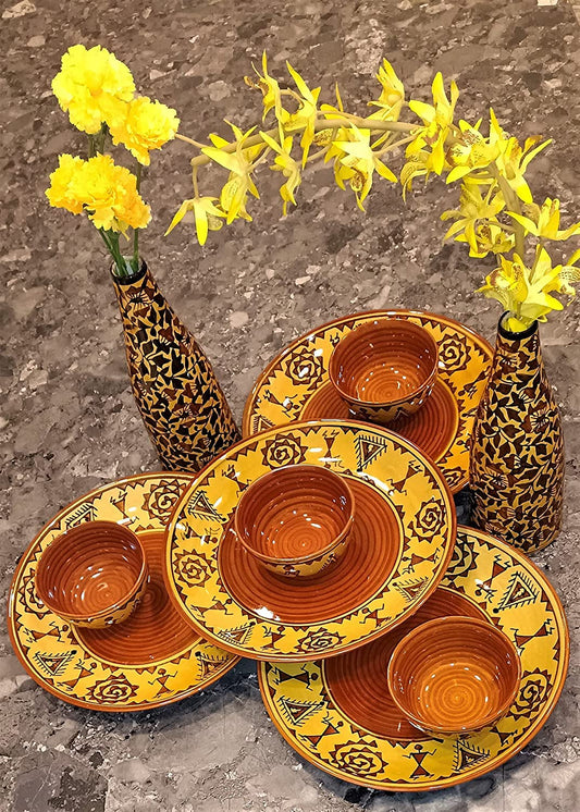 Caffeine Ceramic Handmade Mustard Brown Romani Combo Dinner Set (Set of 8)