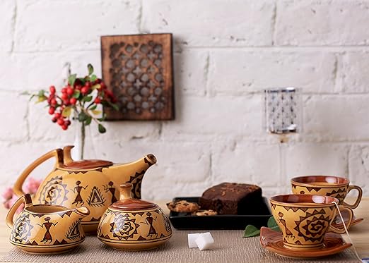 Caffeine Ceramic Handmade Mustard Romani Printed Tea Sets (Set of 15 pcs) - Caffeine Premium Stoneware