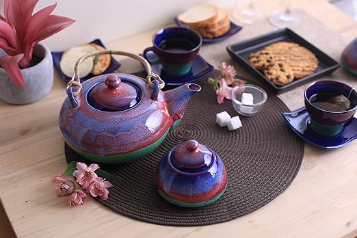 Caffeine Ceramic Handmade Blue & Green Studio Tea Set (Set of 15 pcs Microwave & Dishwasher Safe) - Caffeine Premium Stoneware