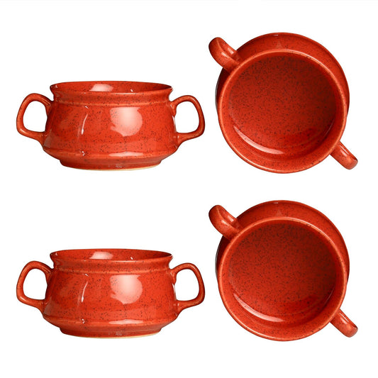 Caffeine Ceramic Handmade Red Double Handle Soup Bowls with Spoon Set 4 - Caffeine Premium Stoneware