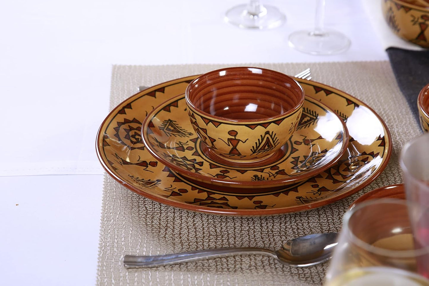 Caffeine Ceramic Handmade Mustard Romani Dinner Set (Set of 19)