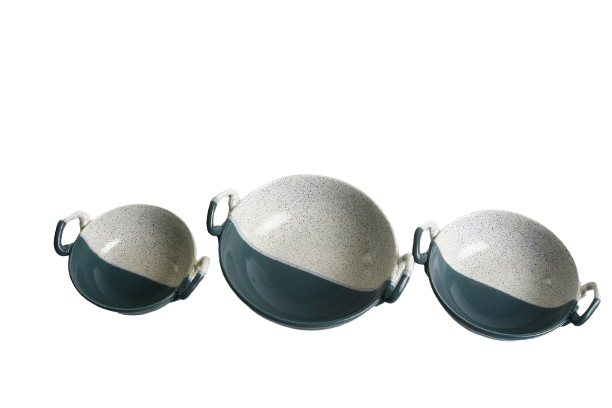 Caffeine Ceramic Handmade Stoneware Green & White Bamboo Serving Kadhai (Set of 3 Microwave & Dishwasher Safe) - Caffeine Premium Stoneware