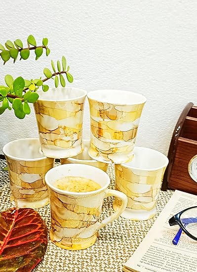 Caffeine Ceramic Handmade Yellow & Gold Glossy Tea Cup Set (Set of 6) - Caffeine Premium Stoneware