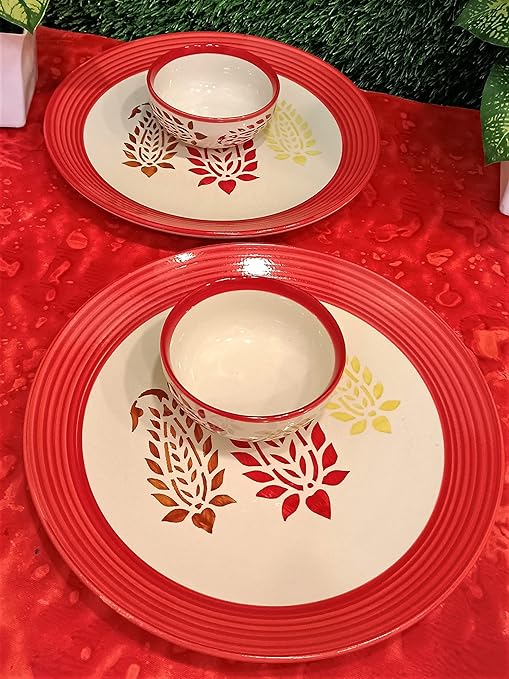 Caffeine Ceramic Handmade red boota Combo Dinner Set (Set of 4 ) - Caffeine Premium Stoneware