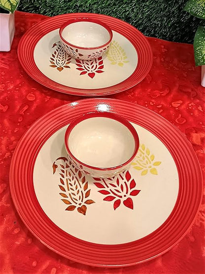 Caffeine Ceramic Handmade red boota Combo Dinner Set (Set of 4 ) - Caffeine Premium Stoneware