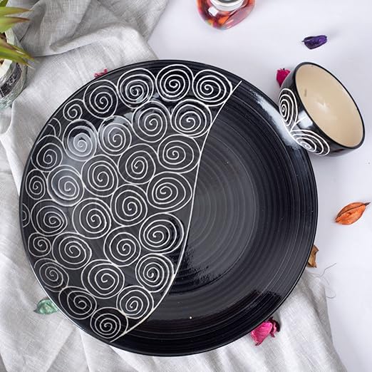 Caffeine Ceramic Handmade Black Doodle Combo Dinner Set of 4  - Caffeine Premium Stoneware