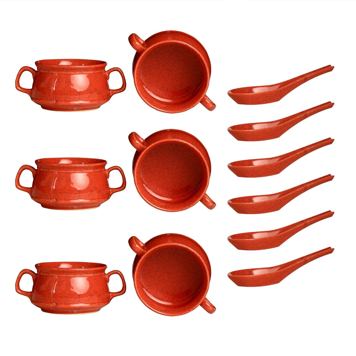 Caffeine Ceramic Handmade Red Double Handle Soup Bowls Set 6 - Caffeine Premium Stoneware