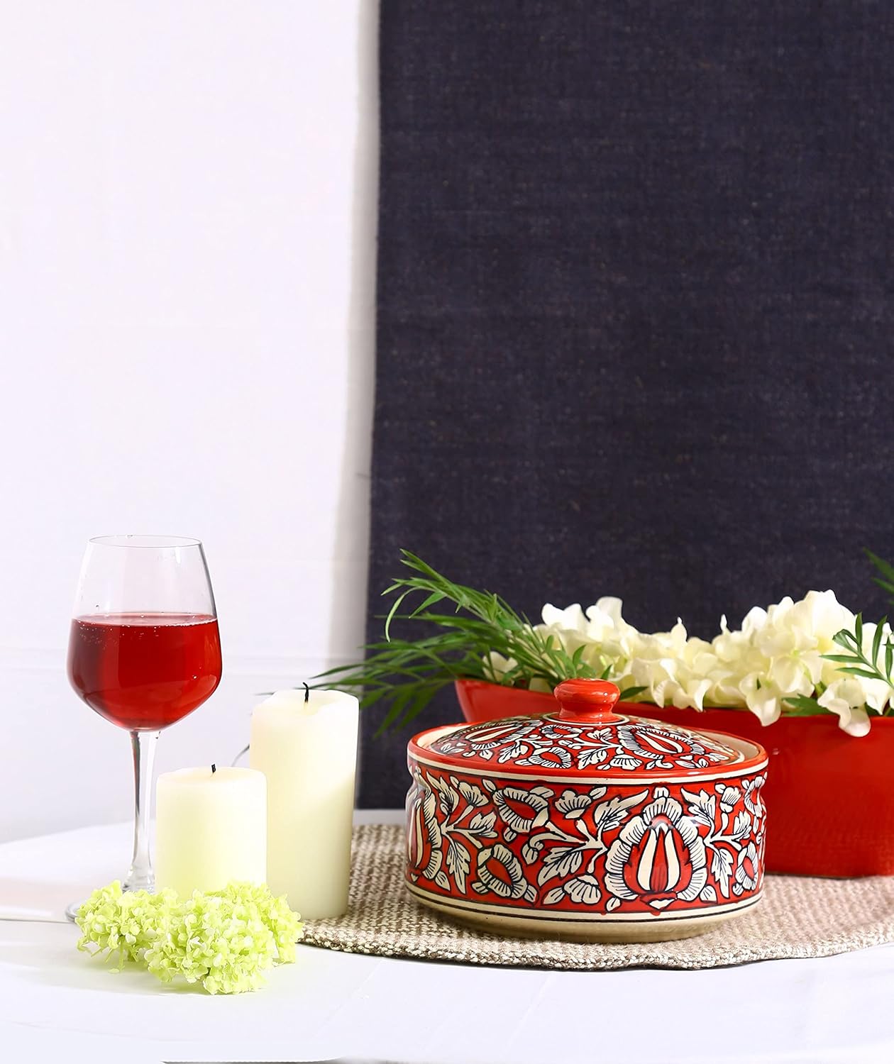 Caffeine Ceramic Handmade Red Mughal Dinner Set (37 pieces - Microwave & Dishwasher Safe) - Caffeine Premium Stoneware