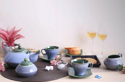 Caffeine Ceramic Handmade Stoneware Blue and Green Ferrous Studio Tea Set of 15 - Caffeine Premium Stoneware