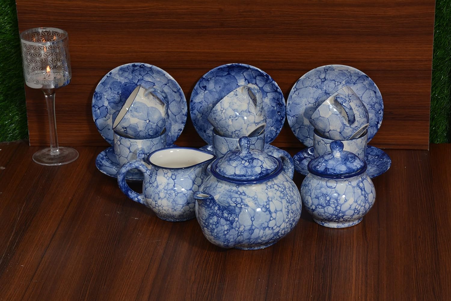 Caffeine Ceramic Handmade Stoneware Blue & White Tea Set of 15 - Caffeine Premium Stoneware