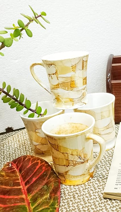 Caffeine Ceramic Handmade Yellow & Gold Glossy Tea Cup Set (Set of 6) - Caffeine Premium Stoneware