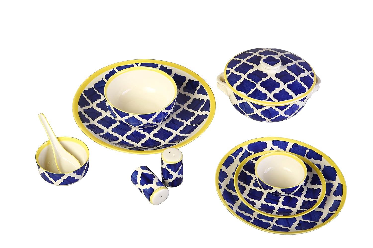 Caffeine Ceramic Handmade Blue Umrao Dinner Set (37 pieces - Microwave & Dishwasher Safe) - Caffeine Premium Stoneware