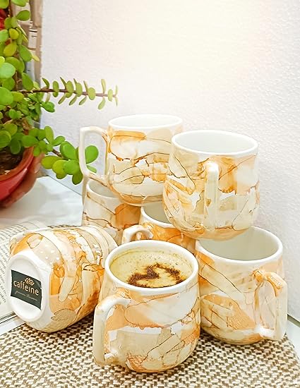 Caffeine Ceramic Golden Glossy Marble Tea Cup Set of 6 - Caffeine Premium Stoneware