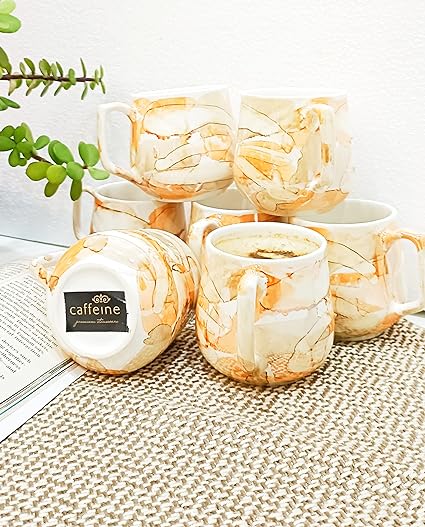 Caffeine Ceramic Golden Glossy Marble Tea Cup Set of 6 - Caffeine Premium Stoneware