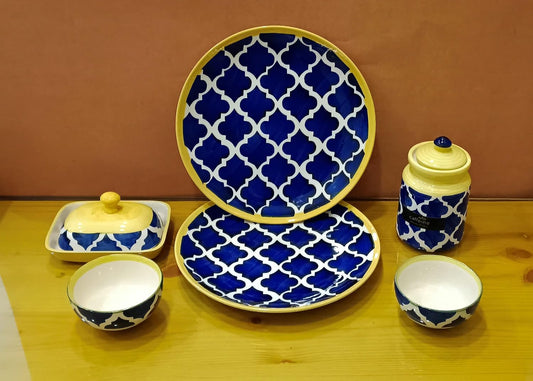Caffeine Ceramic Handmade Blue Umrao Combo Dinner Set (set of 6)