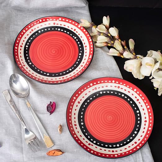 Caffeine Ceramic Handmade Red & Black Dot Combo Dinner Set of 4 Pcs - Caffeine Premium Stoneware