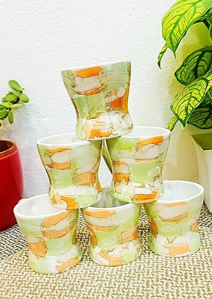 Caffeine Ceramic Handmade Green Floral Tea Cup Set (Set of 6) - Caffeine Premium Stoneware