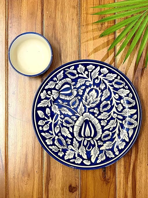 Caffeine Ceramic Handmade Blue Mughal Combo Dinner Set (Set of 3) - Caffeine Premium Stoneware