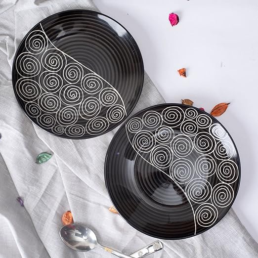 Caffeine Ceramic Handmade Black Doodle Combo Dinner Set of 4  - Caffeine Premium Stoneware