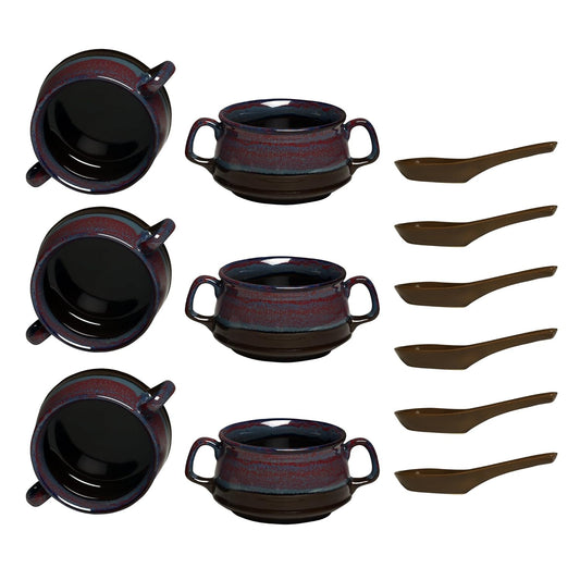 Caffeine Ceramic Handmade Magenta Multi Studio Double Handle Soup Bowls with spoon set of 6 - Caffeine Premium Stoneware