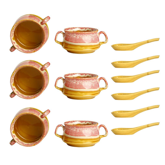 Caffeine Ceramic Handmade Pink and Brown Double Handle Soup Bowls with spoon  set of 6 - Caffeine Premium Stoneware