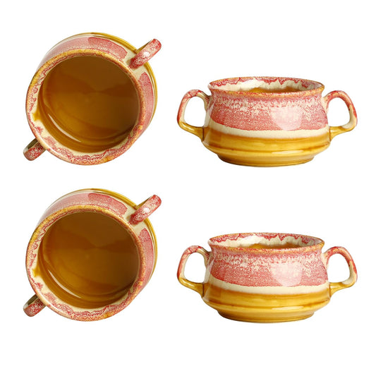 Caffeine Ceramic Handmade Pink and Brown Studio Double Handle Soup Bowls with Spoon Set 4 - Caffeine Premium Stoneware