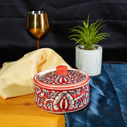 Caffeine Ceramic Handmade Red Mughal Serving Casserole (Set of 1, Medium)