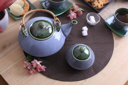 Caffeine Ceramic Handmade Stoneware Blue and Green Ferrous Studio Tea Set of 15 - Caffeine Premium Stoneware