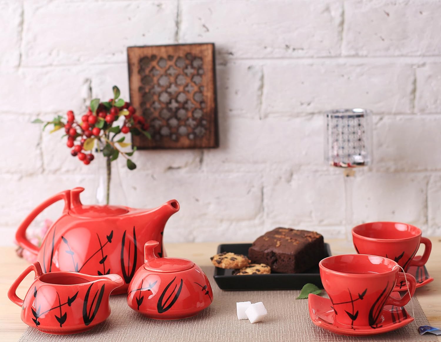 Caffeine Ceramic Handmade Stoneware Red Bamboo Tea Set - (Set of 15) - Caffeine Premium Stoneware