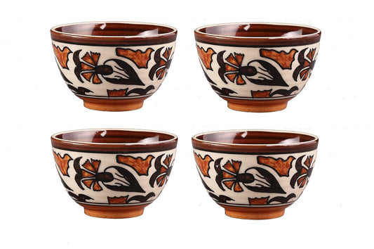 Caffeine Ceramic Handmade  brown & white Flower Print Dessert Bowl (Set of 4, 150 ml) - Caffeine Premium Stoneware