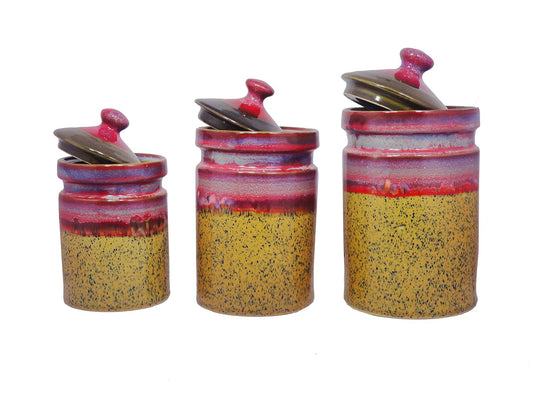 Caffeine Ceramic Stoneware Handmade Pink And Mustard Studio Barni/Pickle Jar (Set of 3) - Caffeine Premium Stoneware