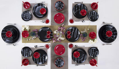 Caffeine Ceramic Handmade Red and Black Bamboo Dinner Set (37 pieces - Microwave & Dishwasher Safe) - Caffeine Premium Stoneware