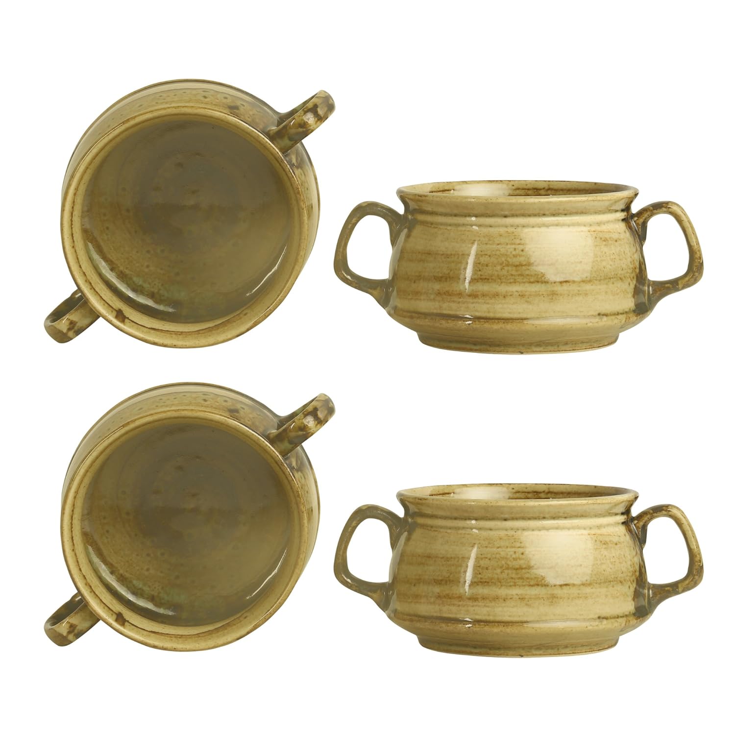 Caffeine Ceramic Handmade Glossy Wood Brown Double Handle Soup Bowls with spoon set of 4 - Caffeine Premium Stoneware