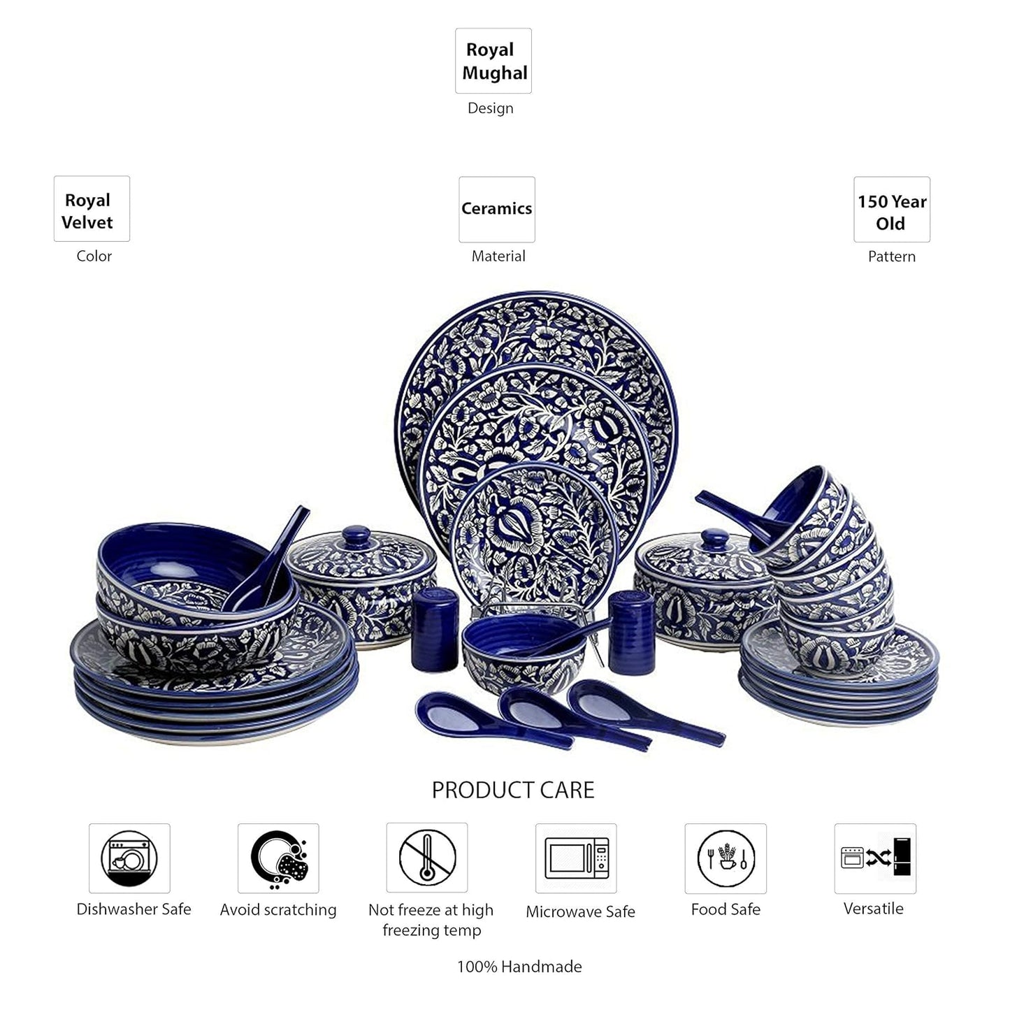 Caffeine Ceramic Handmade Blue Mughal Dinner Set (37 pieces - Microwave & Dishwasher Safe) - Caffeine Premium Stoneware