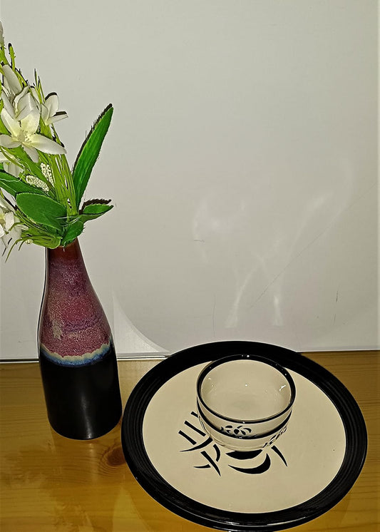 Caffeine Ceramic Handmade Black Imperial Dinner Set of 4 [ 2 Dinner Plate, 2 katori Bowl ]