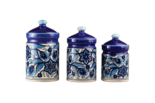 Caffeine Ceramic Stoneware Handmade Blue Leaf Print Barni/Pickle Jars (Set of 3) - Caffeine Premium Stoneware