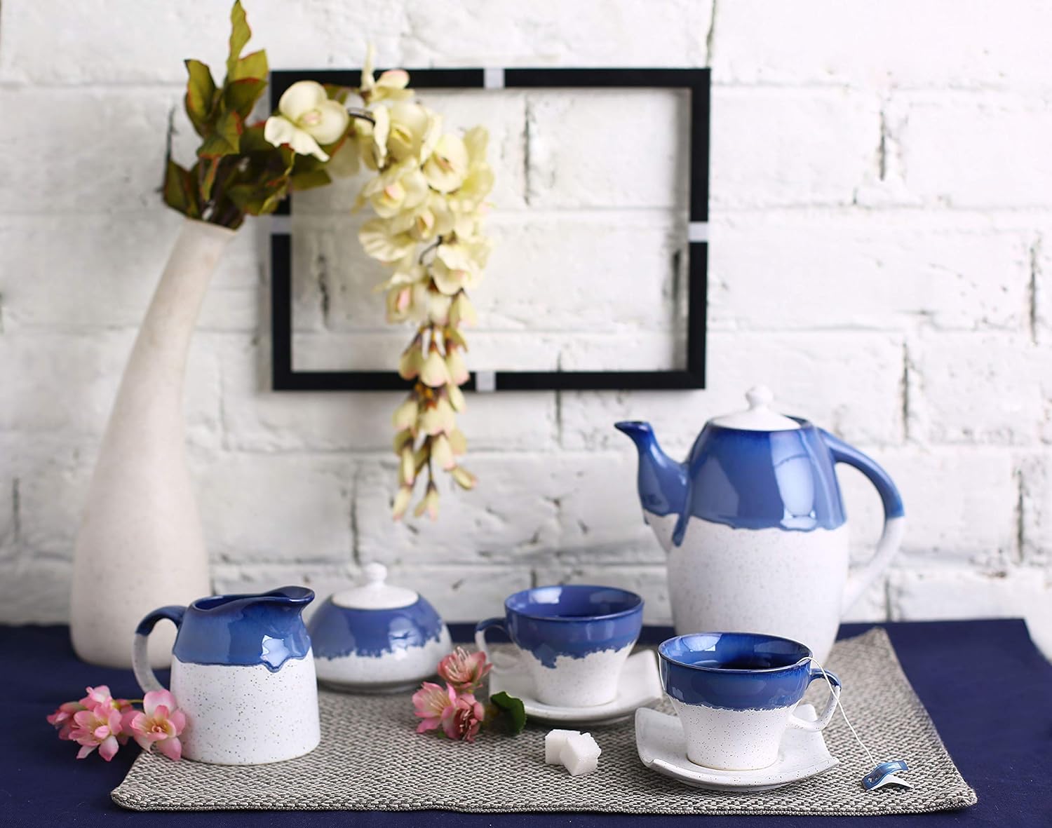 Caffeine Ceramic Handmade Blue & White Studio Tea Set - (Set of 15 pcs) - Caffeine Premium Stoneware