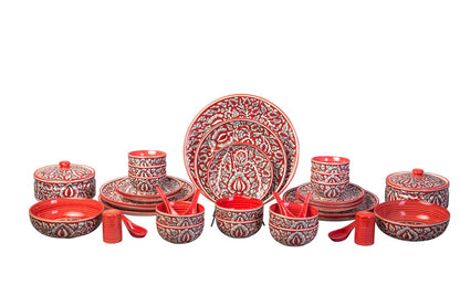 Caffeine Ceramic Handmade Red Mughal Dinner Set (37 pieces - Microwave & Dishwasher Safe) - Caffeine Premium Stoneware