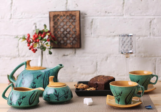 Caffeine Ceramic Handmade Stoneware Golden Turquoise Tea Set (Set of 15 pcs) - Caffeine Premium Stoneware